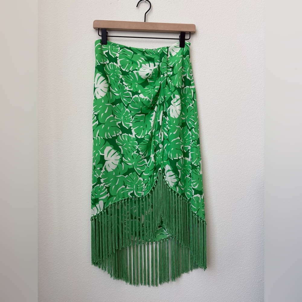 Vintage MICHAEL Michael Kors 100% Silk Floral Monstera Fringe Midi Skirt Size 4